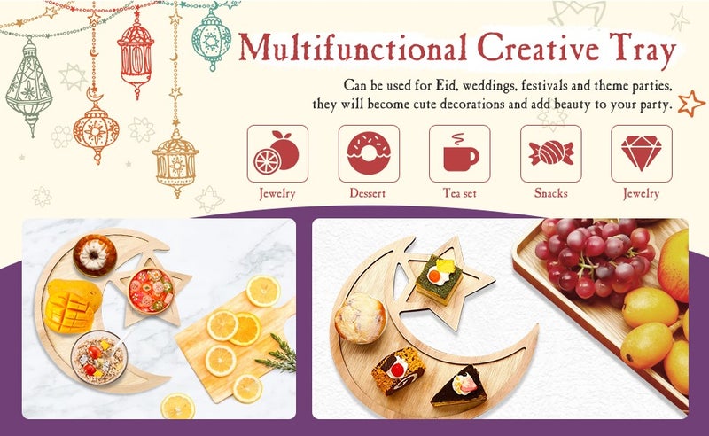 2pcs Ramadan Tray, Eid al-Fitr Tray, Ramadan Mubarak Wooden Dessert Tray, Star and Moon Tray, Ramadan Service Tray, Food Tray for Home Decor, Eid al-Fitr Mubarak Table Decoration - Image 3